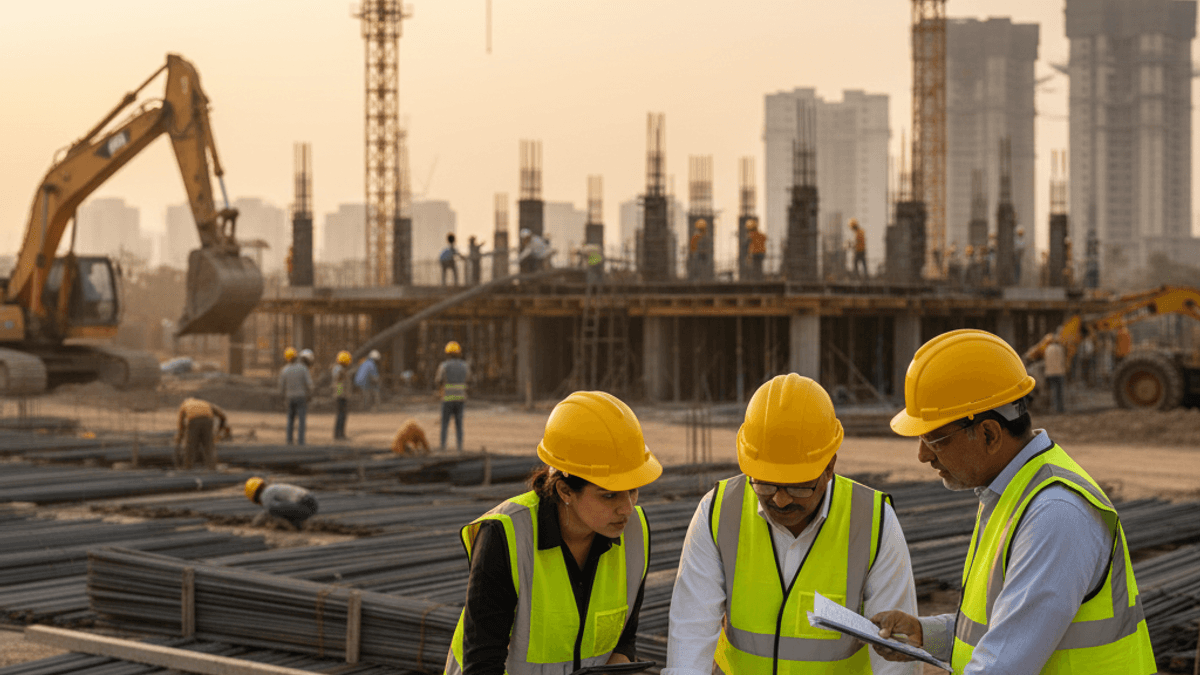 Three construction professionals, two men and one woman, in hard hats and safety vests, examining blueprints on a table at a large building site.