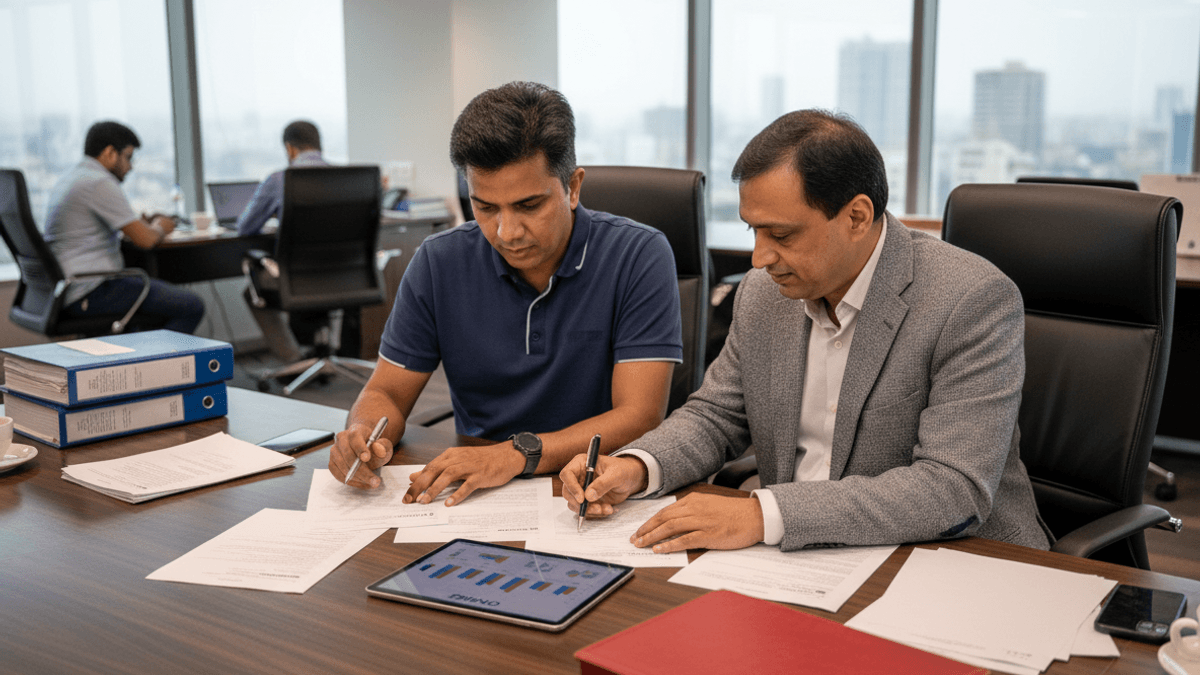 Two men, likely cofounders, diligently signing documents at a large conference table with a tablet displaying financial charts.