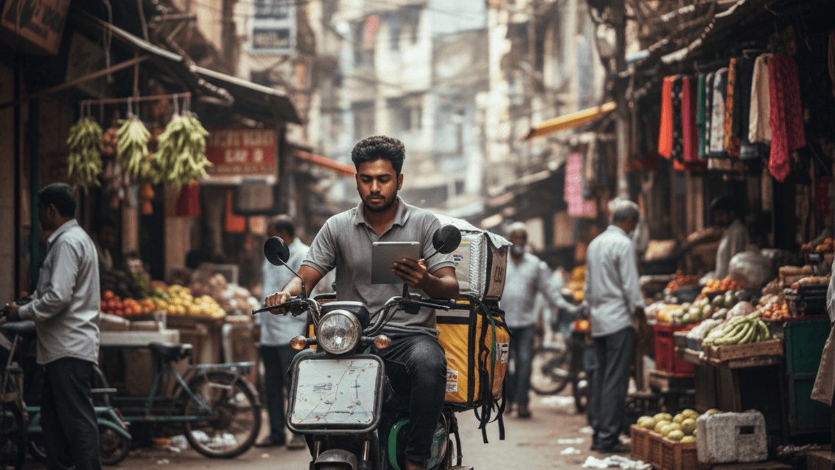 A young man on a scooter with a delivery box behind him looks at a tablet while riding through a crowded Indian market.