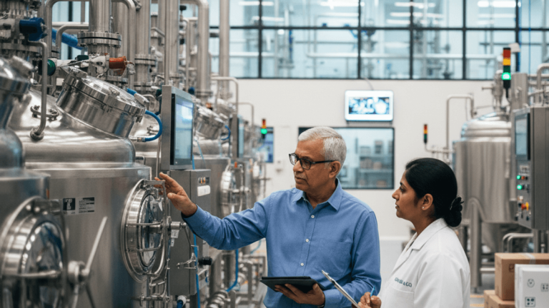 An executive with a tablet points to equipment while a scientist in a lab coat takes notes in a pharma plant.