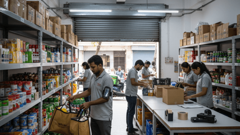 A busy micro-fulfillment center in India, with multiple workers sorting and packing various products from shelves.