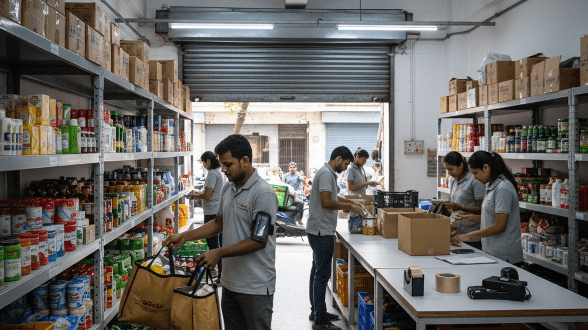 A busy micro-fulfillment center in India, with multiple workers sorting and packing various products from shelves.