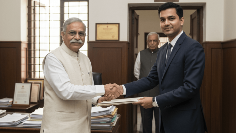 Dr. Nikhil Tandon, in traditional attire, shaking hands with another official in a suit within an office.