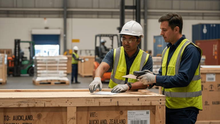 Two male logistics workers in hard hats and high-visibility vests examine a large wooden shipping crate in a busy warehouse.