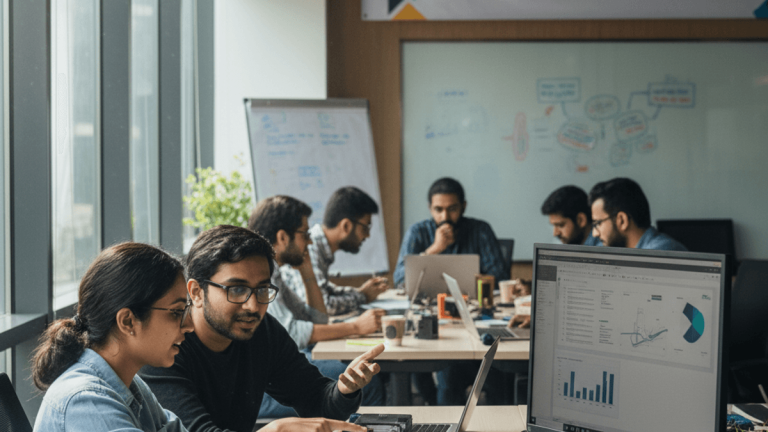 Diverse group of startup founders working in a modern, sunlit office, focused on hardware and software development.