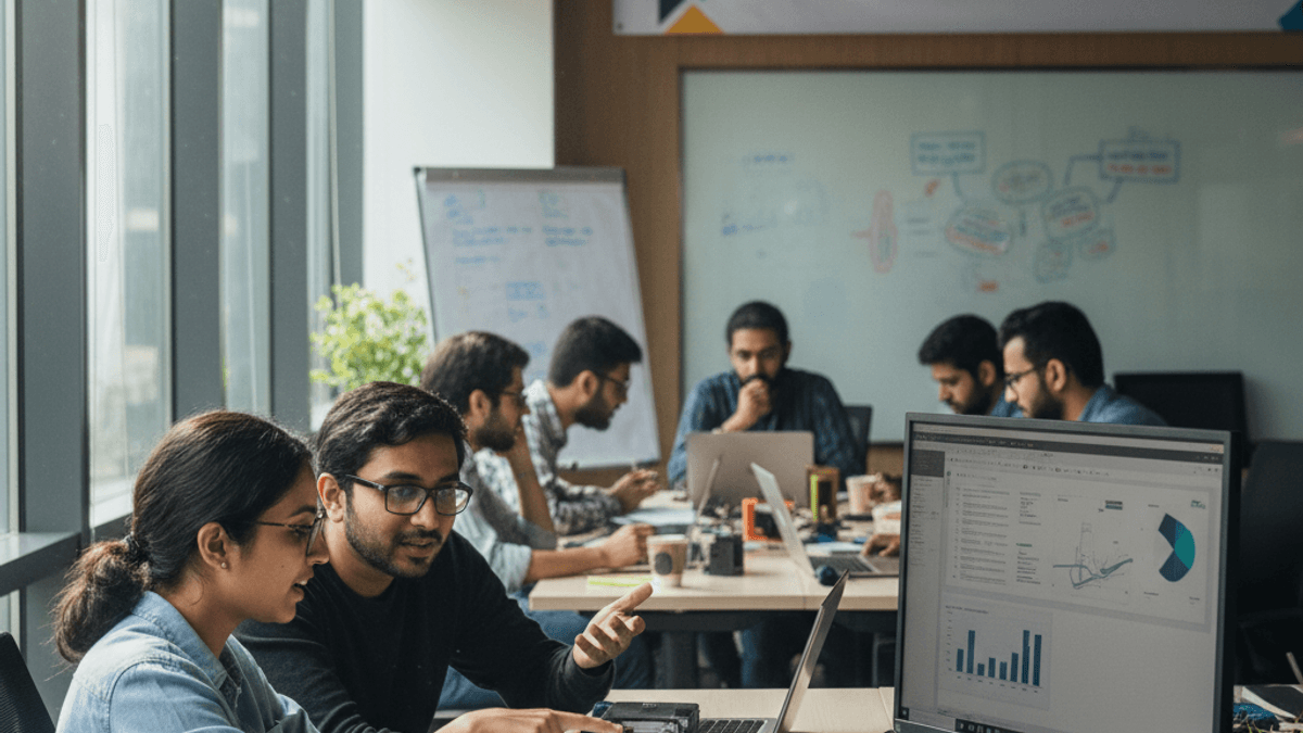 Diverse group of startup founders working in a modern, sunlit office, focused on hardware and software development.