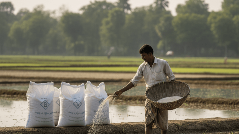 An Indian farmer in traditional attire spreads fertilizer by hand in a flooded paddy field, with large white fertilizer bags behind him.