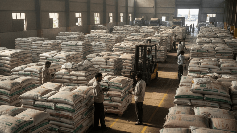 A wide shot inside a massive warehouse in India, filled with towering stacks of fertilizer bags. Workers manage the inventory.