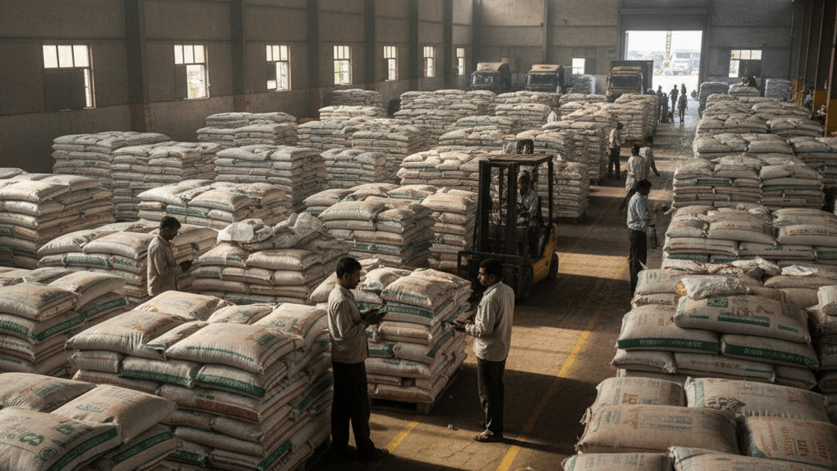 A wide shot inside a massive warehouse in India, filled with towering stacks of fertilizer bags. Workers manage the inventory.