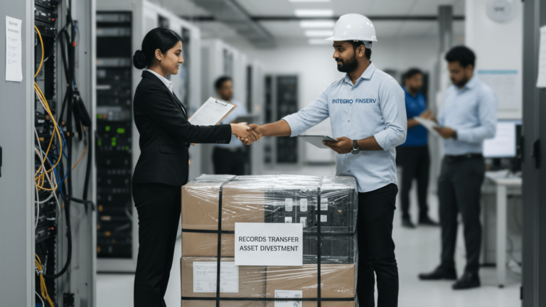 Two executives, one in a suit and one in a hard hat, shake hands next to palletized boxes labeled "RECORDS TRANSFER ASSET DIVESTMENT" in a server room.