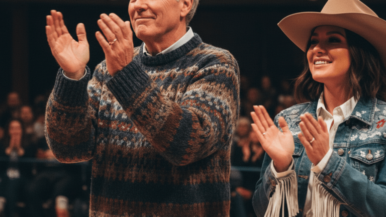 Bill Belichick in a patterned sweater and Brittany Mahomes in Western attire applaud in an auditorium.