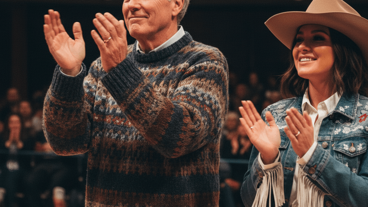 Bill Belichick in a patterned sweater and Brittany Mahomes in Western attire applaud in an auditorium.