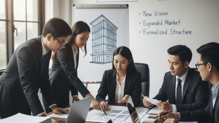 A diverse business team in suits actively collaborates around a conference table with laptops and papers, a rebranding diagram on a whiteboard in the background.