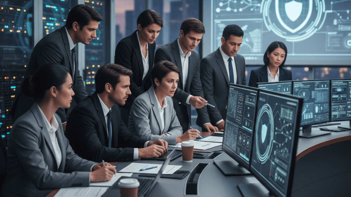A group of diverse professionals in suits are gathered around computer monitors in a modern security operations room.