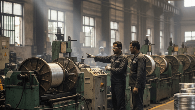 Two Indian factory workers in an industrial setting, one pointing at machinery producing aluminum wire coils.