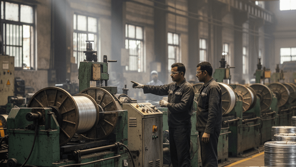 Two Indian factory workers in an industrial setting, one pointing at machinery producing aluminum wire coils.