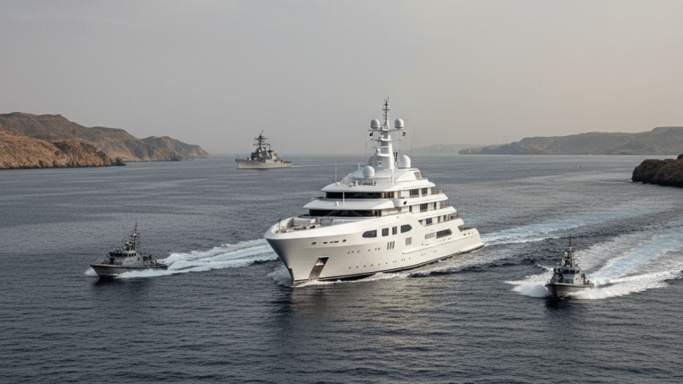 A large white superyacht is escorted by two smaller patrol boats in a strait, with a gray warship visible further back.