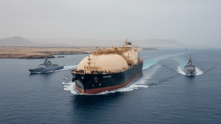 An LNG tanker, the Mubaraz, is seen from an aerial perspective, traversing open waters with two grey naval ships escorting it.
