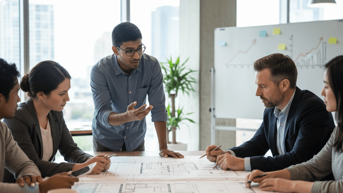 Aayush Agarwal, founder of Snabbit, gestures while explaining blueprints to investors in a modern office meeting.