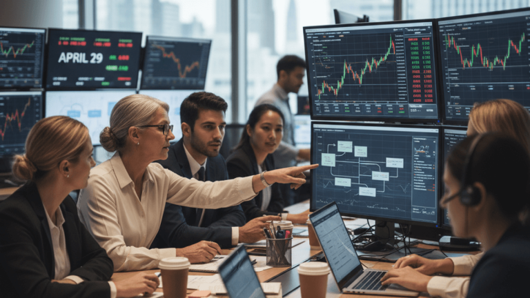 A group of financial professionals in a modern office reviewing stock market data and a demerger flowchart on multiple screens.