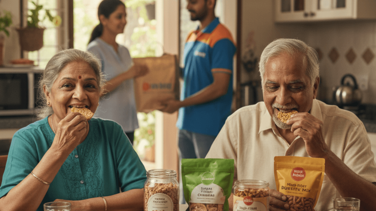 A senior Indian couple happily eating healthy snacks at their dining table, with a quick commerce delivery person in the background.