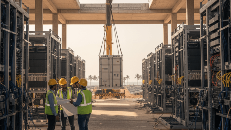 Four engineers in hard hats and vests examine blueprints within a data center under construction, with a crane lowering a large container in the background.