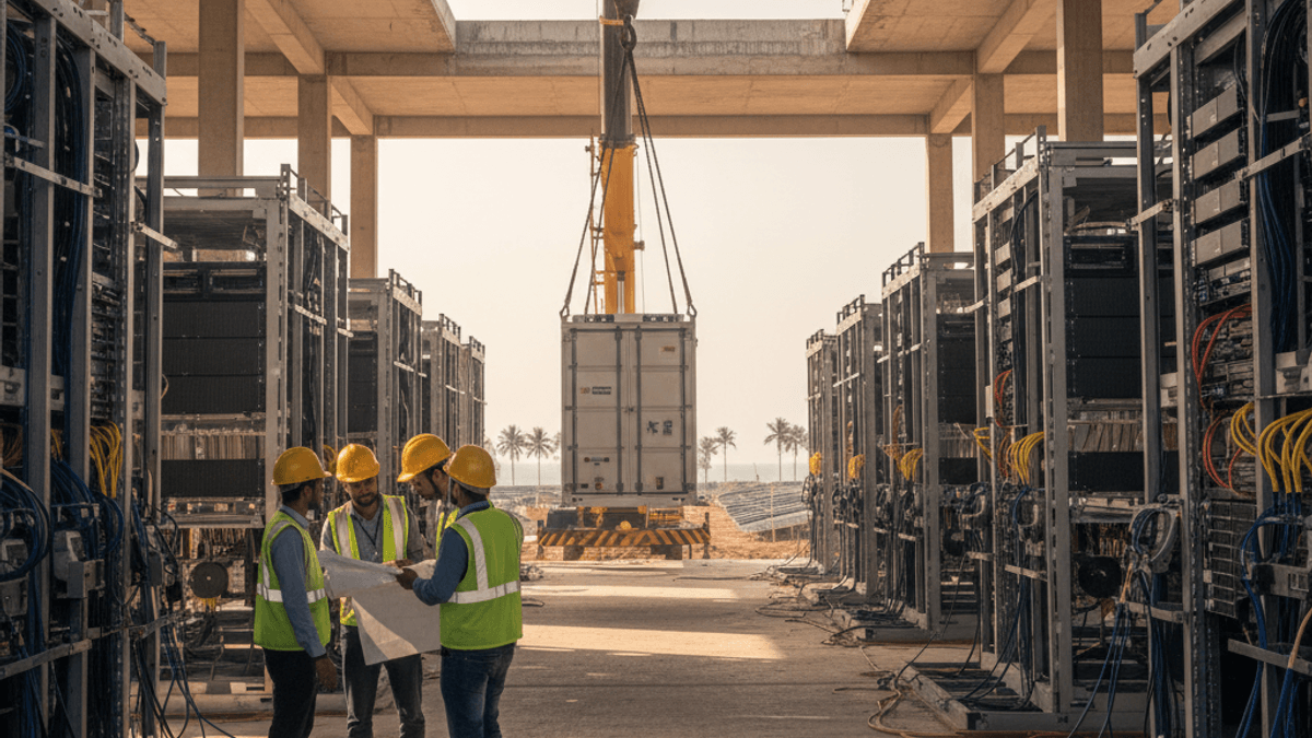 Four engineers in hard hats and vests examine blueprints within a data center under construction, with a crane lowering a large container in the background.