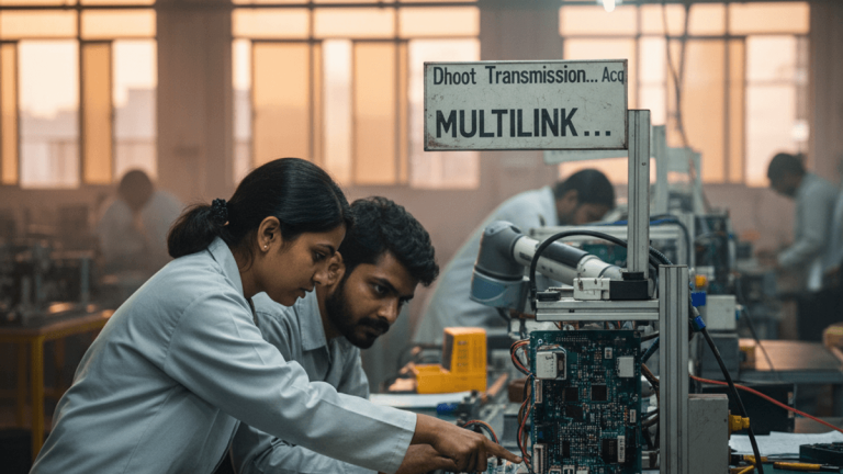 Two engineers in lab coats examine circuit boards on an assembly line with other workers in the background.
