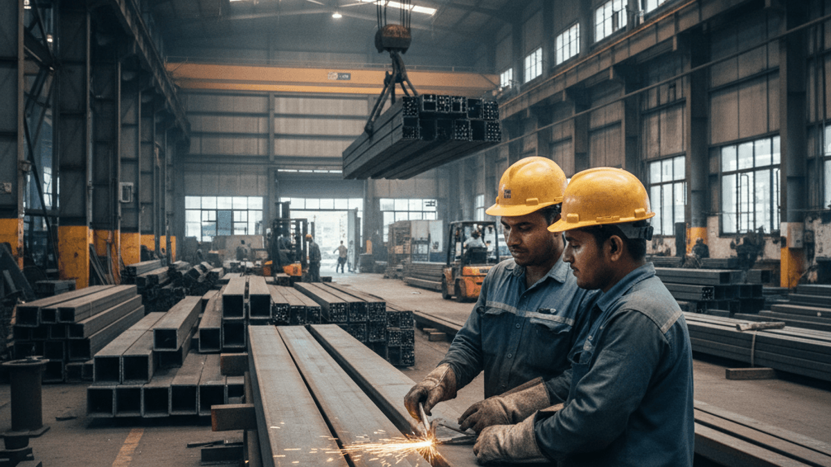 Two Indian steelworkers in hard hats and gloves, sparks flying as they work on steel beams in a busy factory.