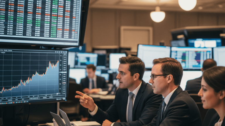 A candid, eye-level shot of three traders in a modern, active trading room, focused on digital charts and numbers.