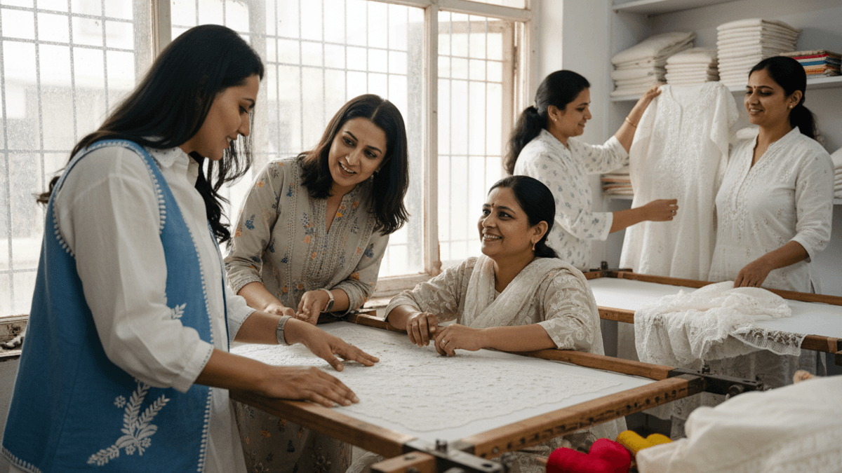 Women in an Indian textile workshop, some seated, others standing, working on traditional chikankari embroidery.