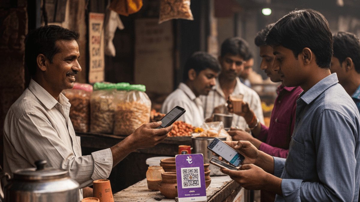 A street vendor in a bustling Indian market smiles while receiving a digital payment from a customer using a smartphone.