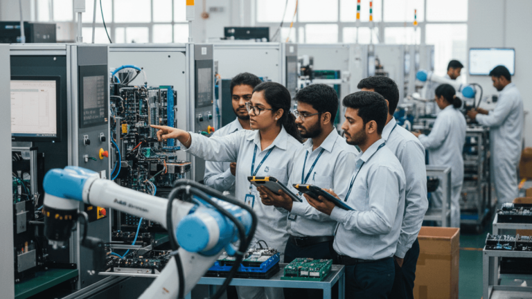 A group of Indian engineers and technicians in a factory, one pointing at complex machinery with a robotic arm.