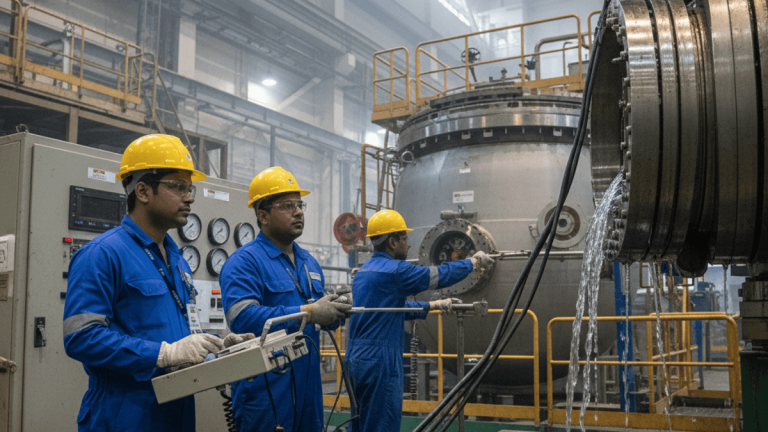Three engineers in hard hats and blue jumpsuits work with industrial equipment, with water spilling from a large pipe.