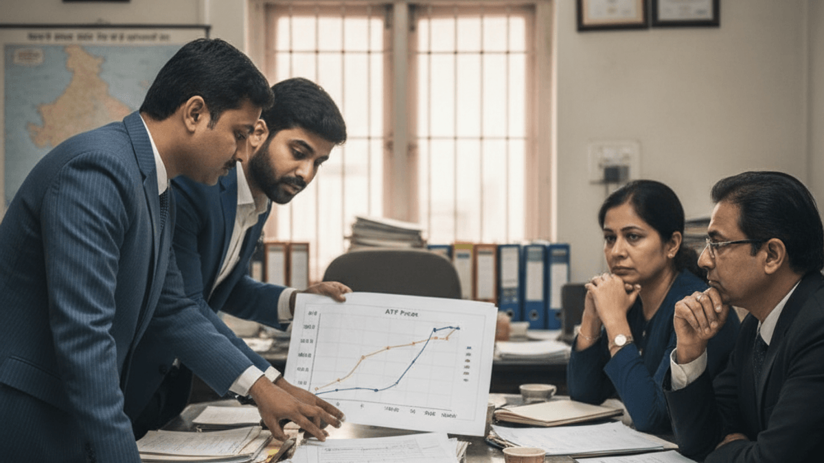 Four individuals, two in suits, two in business attire, discuss a chart on jet fuel prices in an office.