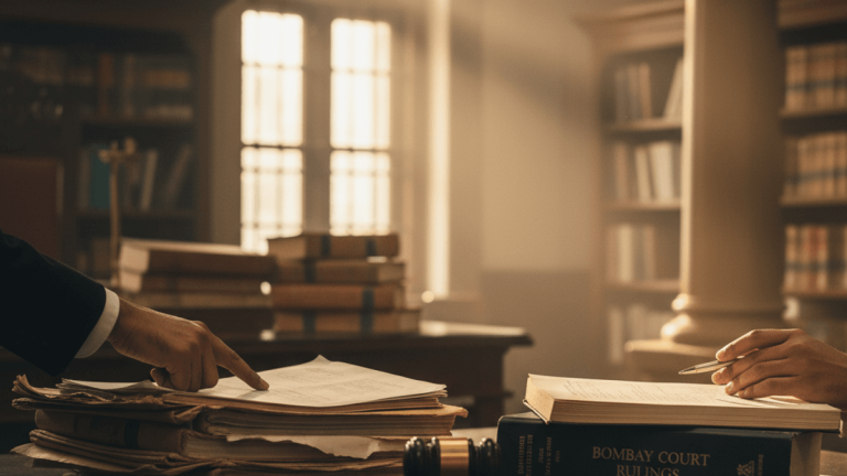 A close-up shot of hands in a sunlit law chamber, one pointing to documents on a cluttered desk, the other holding a pen.