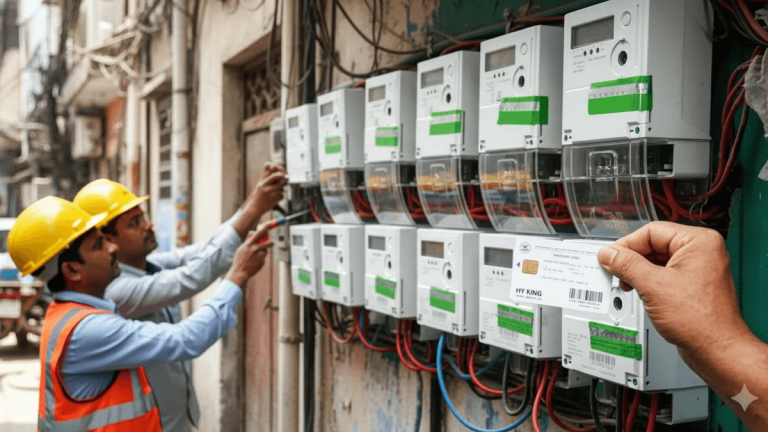 Two technicians in yellow hard hats install multiple smart meters on an exterior wall in an urban area. A hand holds a card near one meter.