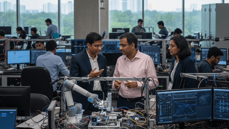 Three professionals, two men and one woman, converse in an AI lab filled with computers, robotics, and engineers.