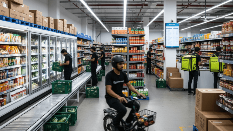 A wide shot of a busy dark store with multiple workers, some on bicycles, others packing orders amidst shelves and refrigerators.