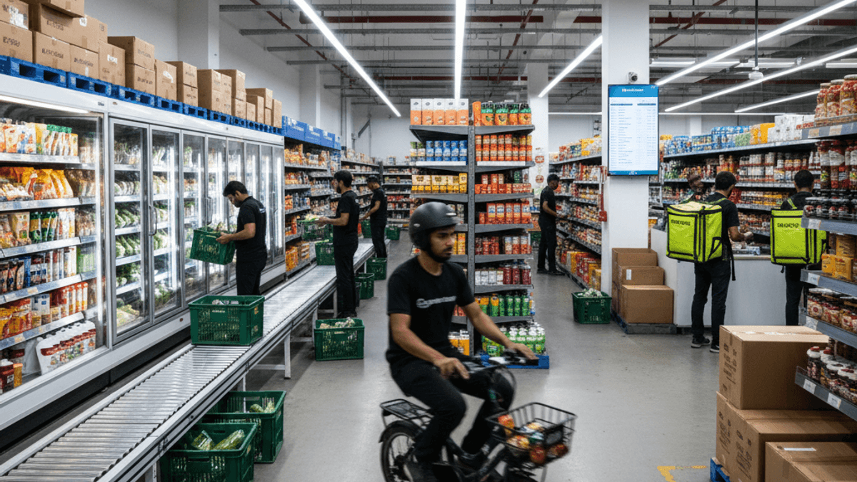 A wide shot of a busy dark store with multiple workers, some on bicycles, others packing orders amidst shelves and refrigerators.
