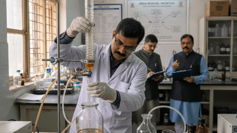 A scientist in a white lab coat meticulously transfers liquid from a distillation apparatus into a bottle, observed by officials.