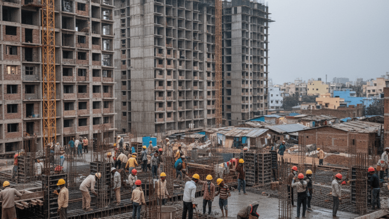 A busy construction site in India with numerous workers in hard hats pouring concrete on a building under construction.