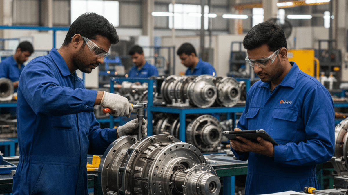 Two Indian engineers in a manufacturing facility, one meticulously working on a large engine part, the other checking a tablet.