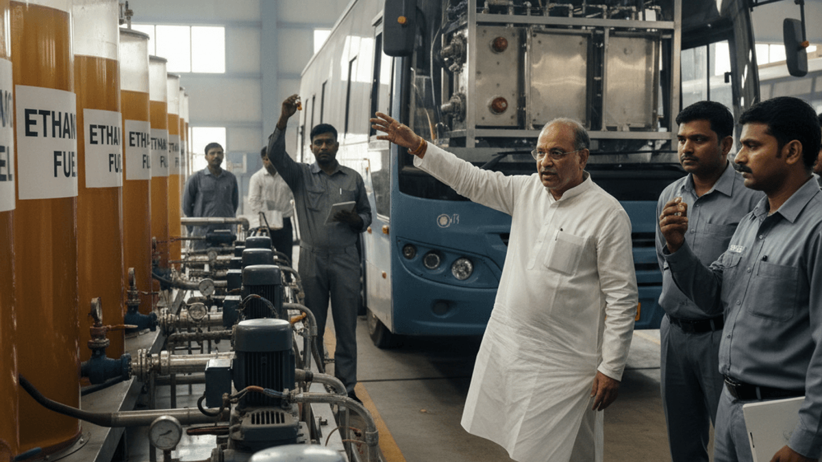 An Indian minister in white attire gestures towards a bus in a green fuel production facility with engineers.