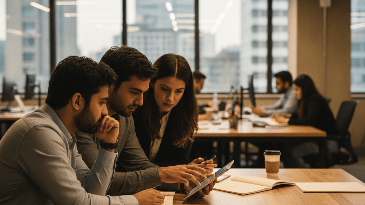 Three professionals, two men and one woman, intently reviewing data on a tablet at a desk in a bustling office.