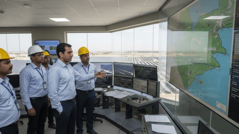Sagar Adani, in a blue shirt, gestures towards a large map in a control room with solar panels visible outside.
