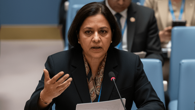 An Indian diplomat gestures while speaking at a United Nations session, a microphone and "INDIA" nameplate in front.