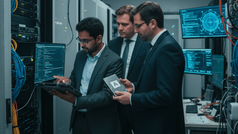 Three men, two in suits, one with glasses, examining server racks and a data drive in a dimly lit, organized server room.
