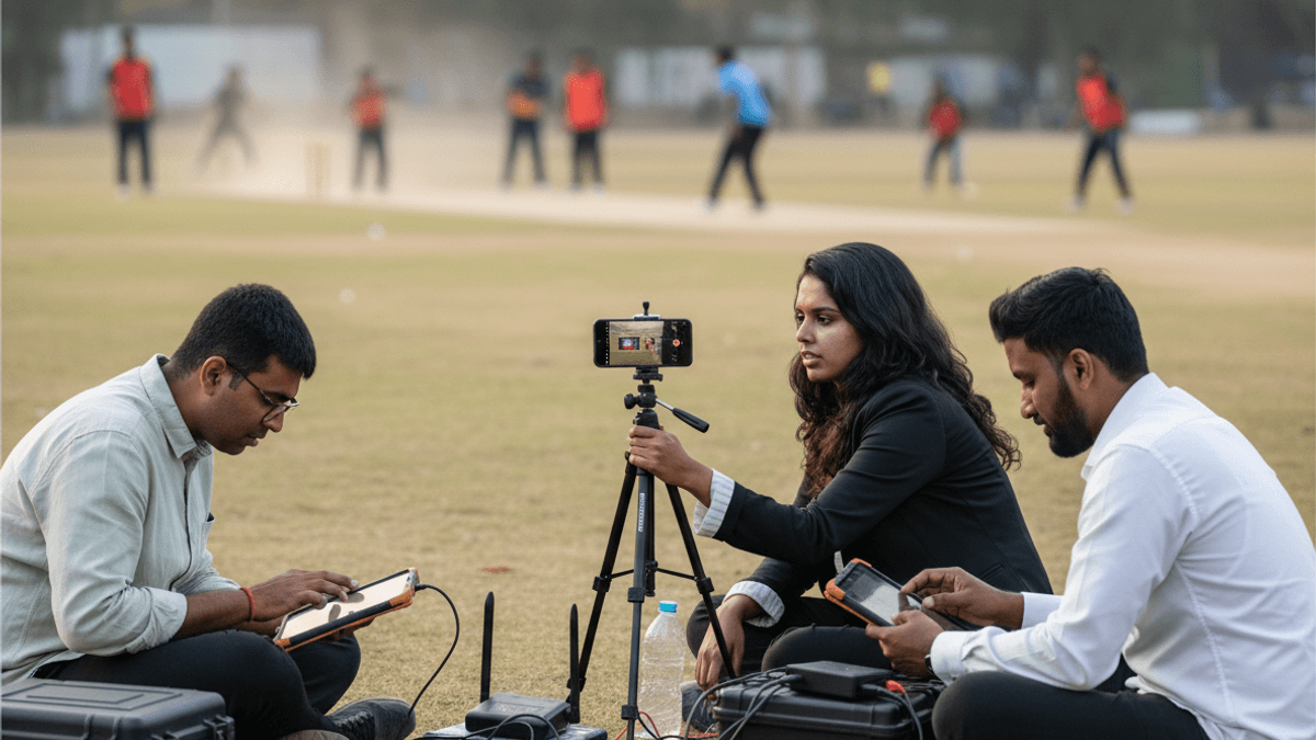 Three individuals operating smartphones and tablets with broadcasting equipment on a cricket field, with a match in the background.