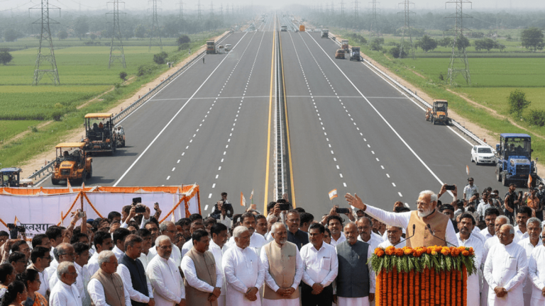 Prime Minister Narendra Modi speaks at a podium adorned with marigolds, with a wide, empty new expressway stretching behind him.